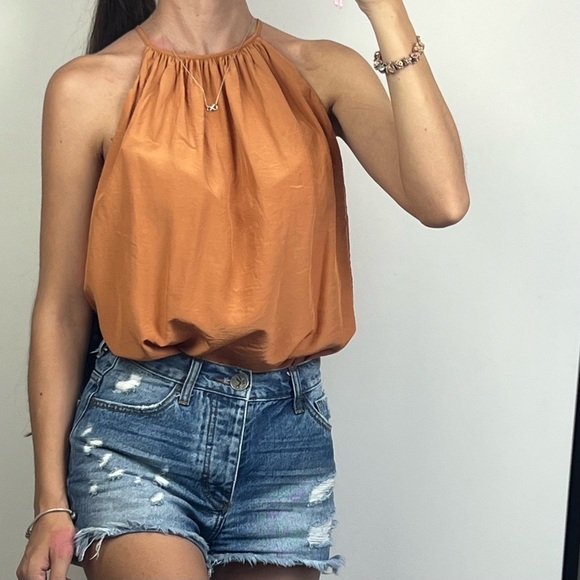 Witchery Women’s Top Bronze Orange Rust Tie Neck Trapeze & Swing Size S 10 - Picture 3 of 11